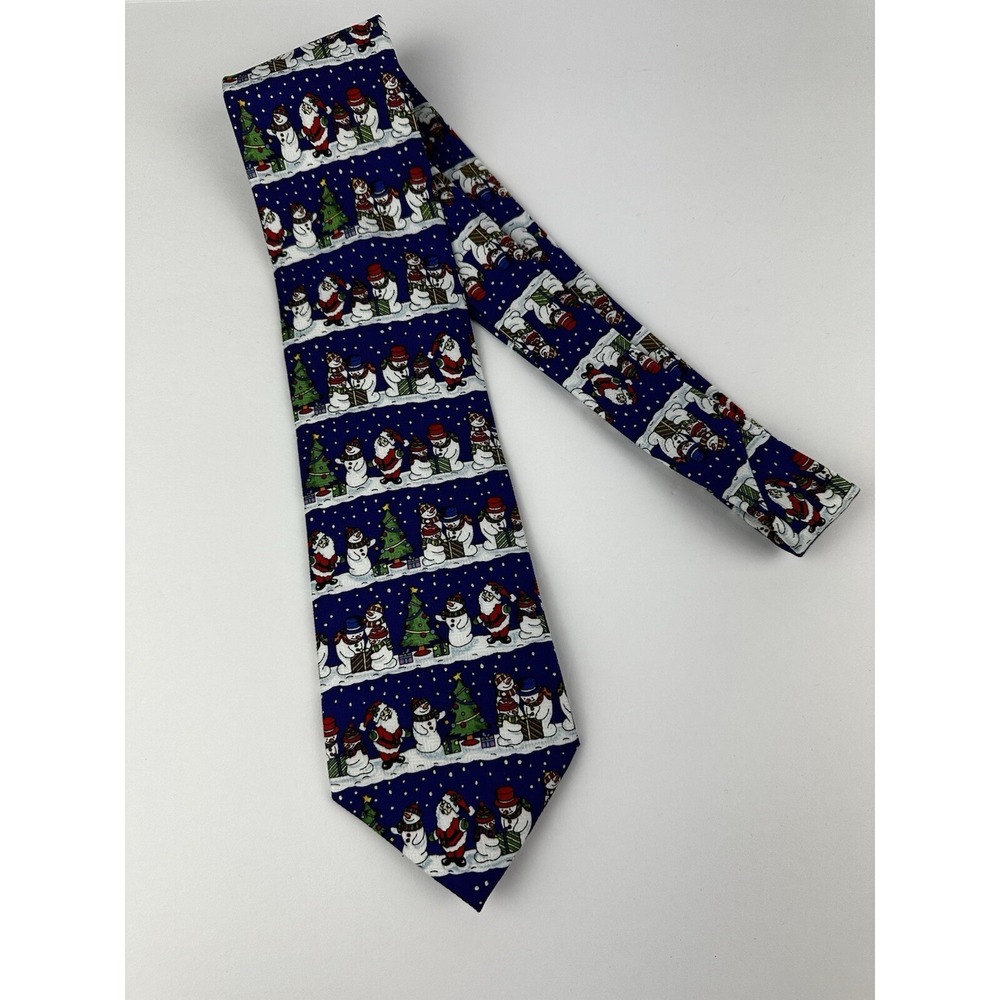 Christmas Santa Snowman Holiday Christmas Tree Time Necktie Tie Blue Red Green